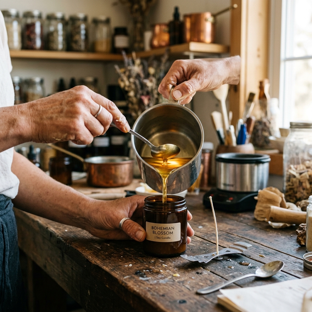 Artisan hands pouring warm melted soy wax into candle jars